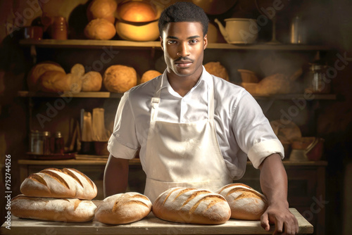 Baker Poses in Front of Fresh Bread Baskets