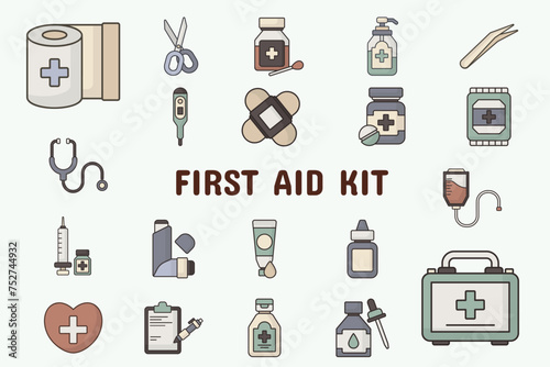 First Aid Kit Lineal Color Vector Illustration Icon Sticker Set Design Materials