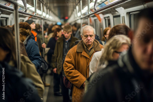 a big crowd of people in the new york subway metro in rush hour on their way home driving with trains. in the evening after work day. everybody is tired.