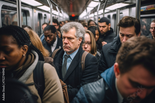 a big crowd of people in the new york subway metro in rush hour on their way home driving with trains. in the evening after work day. everybody is tired. photo