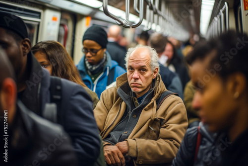 a big crowd of people in the new york subway metro in rush hour on their way home driving with trains. in the evening after work day. everybody is tired.