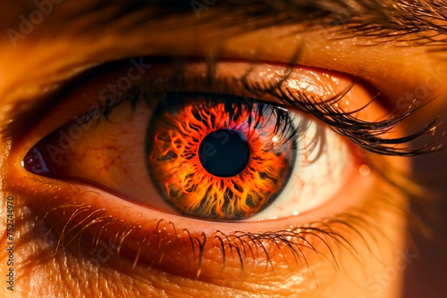 a close-up beautiful eye of a male person. burning glowing fire in the eye iris