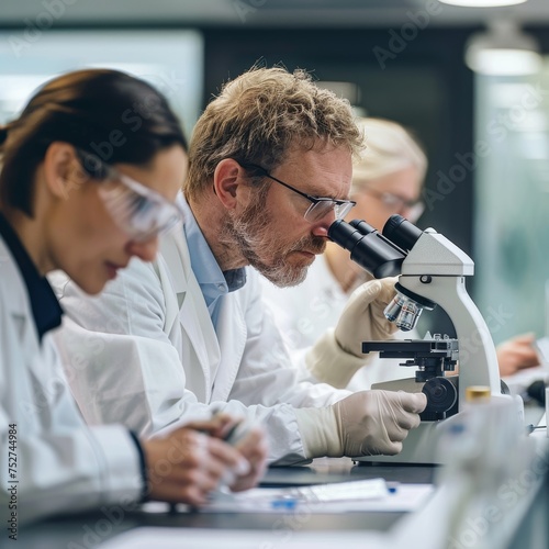 a male pathologist and two female pathologists analyzing slides under their microscopes in your laboratory 