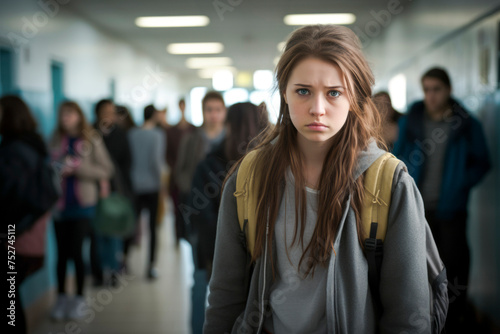 solitary teenage girl stands in a school hallway, her eyes downcast, her posture and expression revealing signs of depression, stress, and the heavy weight of bullying photo
