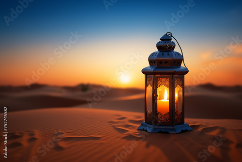 Lantern lights in the desert at night have a Ramadan vibe with generative ai