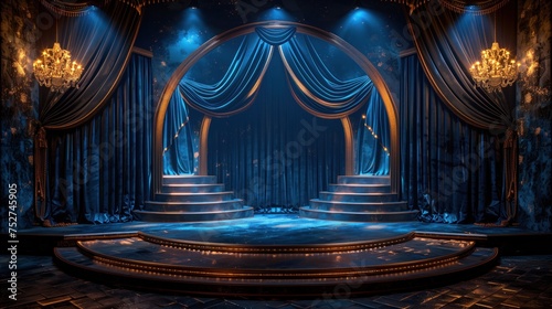 podium blue background and fabric curtain with spotlight luxury