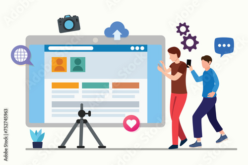 Content Creators Illustration Vector Template, Social Media Online Video Stream, Character live, Production Blog Advertising Content Creativity Marketing Elements.