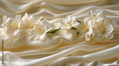 A white silk or satin floating in the air with flowers and petals floating around on a clean background. The concept has the scent of fabric softener.