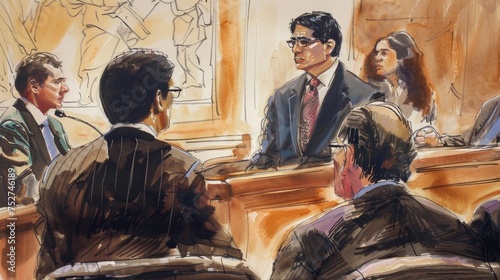 A courtroom sketch artist captures the facial expressions of the defendant and their lawyer during a trial. photo