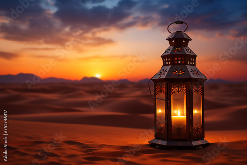 Lantern lights in the desert at night have a Ramadan vibe with generative ai