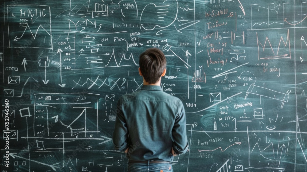A person stands in front of a chalkboard with various arrows and diagrams representing the complex and strategic planning involved in restructuring a company. A person stands in front of a chalkboard with various arrows and diagrams representing the complex and strategic planning involved in restructuring a company.