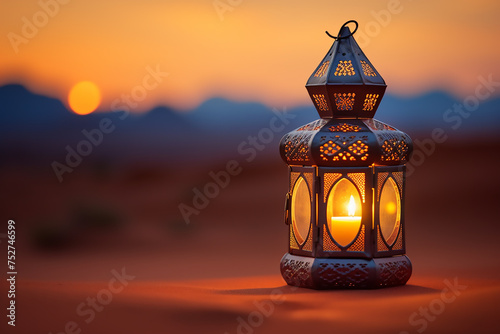 Lantern lights in the desert at night have a Ramadan vibe with generative ai