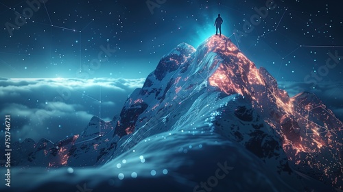 Mountain with flag and businessman climbing on top success and ambition Dark blue digital background with mountain peaks and constellations.