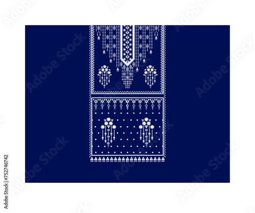 Necklines decoration  ethnics ikat for collar shirt  white floral ornament on blue background  design  fabric  textile  background  wrapping  and collar for woman.