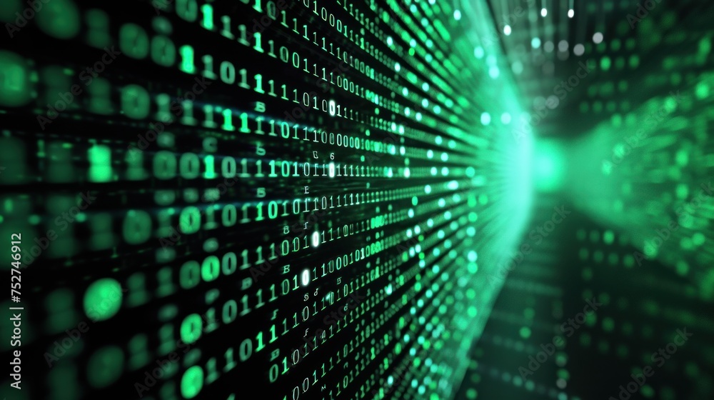 A digital matrix with cascading binary code in green on a black background A digital matrix with cascading binary code in green on a black background