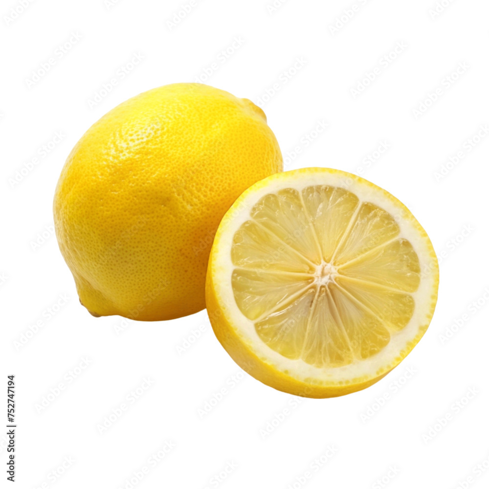 Lemon cut in half sliced with leaves isolated on Transparent background. Lemon cut in half sliced with leaves isolated on Transparent background.