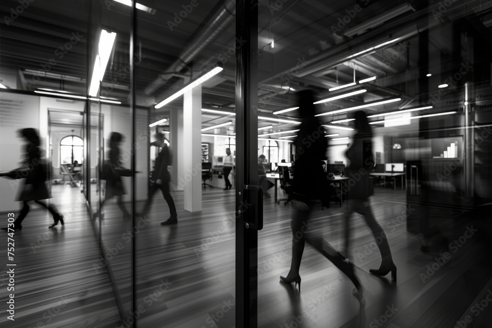 a busy casual startup, people dressed in casual wear, walking fast, blurred, office, black and white