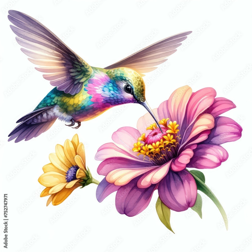 Obraz premium Hummingbird sipping nectar from flower. watercolor illustration, watercolor Hummingbird clipart for graphic resources isolated white background.