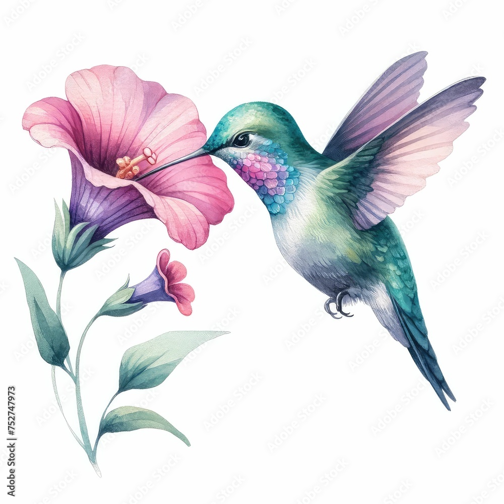 Fototapeta premium Hummingbird sipping nectar from flower. watercolor illustration, watercolor Hummingbird clipart for graphic resources isolated white background.