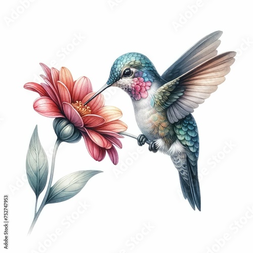 Hummingbird sipping nectar from flower. watercolor illustration  watercolor Hummingbird clipart for graphic resources isolated white background.