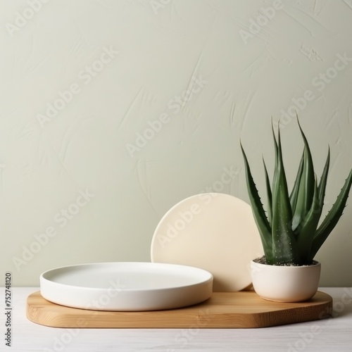 Succulent plant in a pot with two ceramic plates on a bamboo tray against a pale textured background. Place for text.