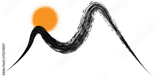 Mountain silhouettes with sun.Letter m.  Rocky peaks in sunset.  Splatter Paint Texture . Distress Grunge background . Scratch, Grain, Noise rectangle stamp . Black Spray Blot of Ink..abstract vector.