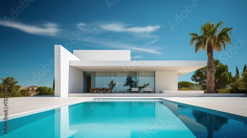 Modern villa with large terrace and swimming pool. Luxurious and minimalistic design. Generative AI © kovalovds