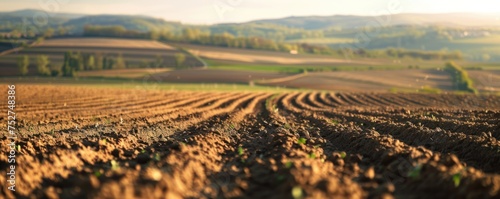 Agricultural landscape furrow prepared for planting photo