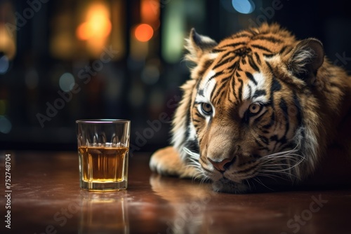 Drinking tiger with a glass of beer.