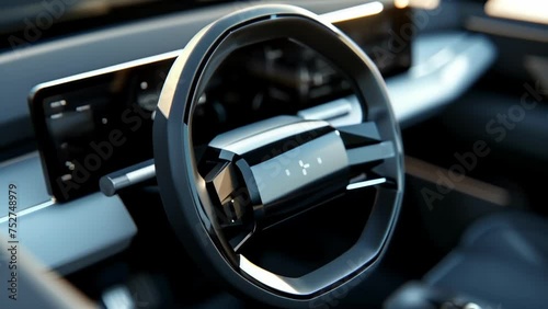 A macro shot of the steering wheel highlighting the multifunctional ons and switches. The ons are ergonomically p for easy access and allow the driver to control various features photo