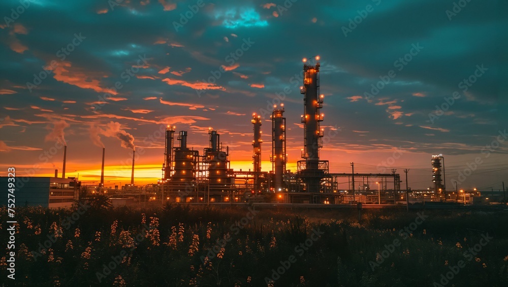 Futuristic industrial landscape, AI-driven factories under a twilight sky, emphasizing innovation in technology Futuristic industrial landscape, AI-driven factories under a twilight sky, emphasizing innovation in technology