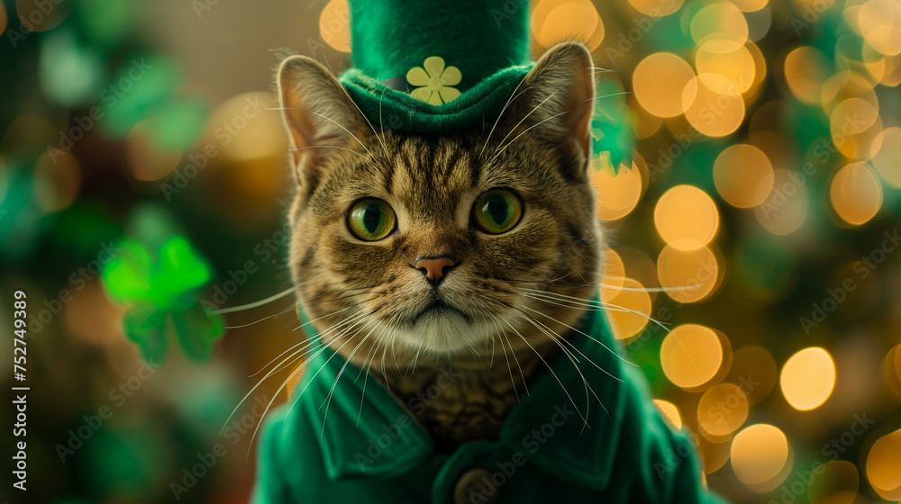 Cat on green background for St. Patrick's Day Festivities.