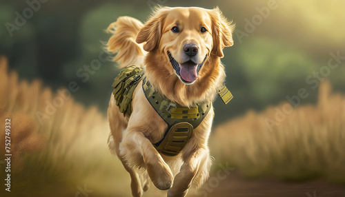 A golden retriever dog wearing a military dog harness
