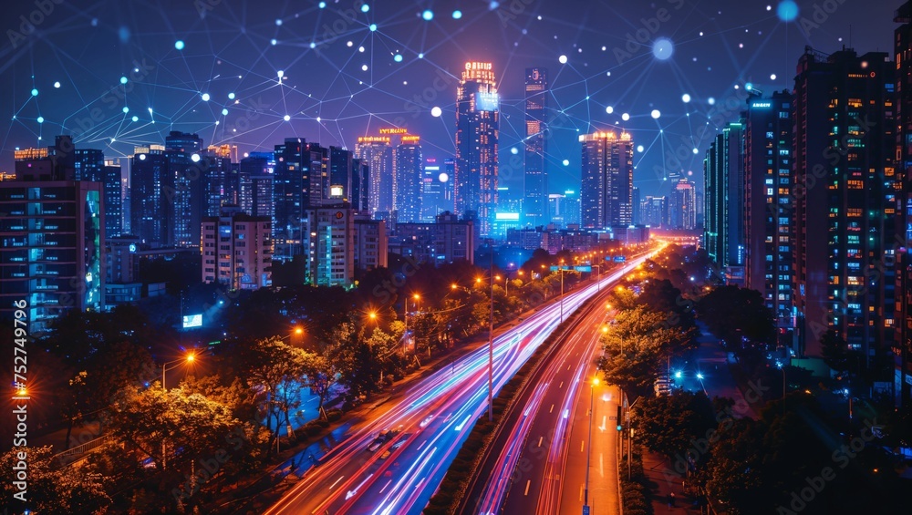 Fototapeta premium Smart city infrastructure, interconnected systems, efficient urban living, technology integration