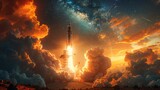 Space industry launchpad, rocket preparing for liftoff, exploration and innovation, starry sky