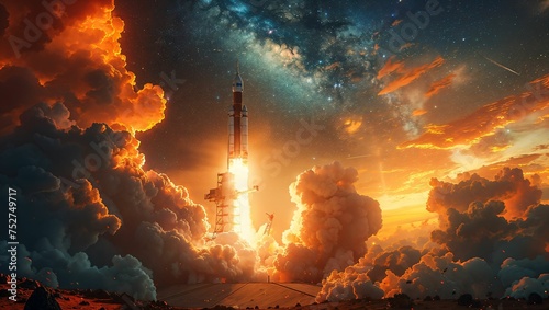 Space industry launchpad, rocket preparing for liftoff, exploration and innovation, starry sky