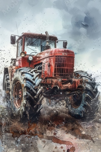 A charming watercolor illustration capturing the essence of a rustic tractor in idyllic countryside scenery 