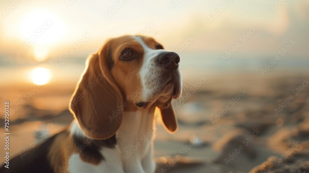 cute little beagle dog at the beach