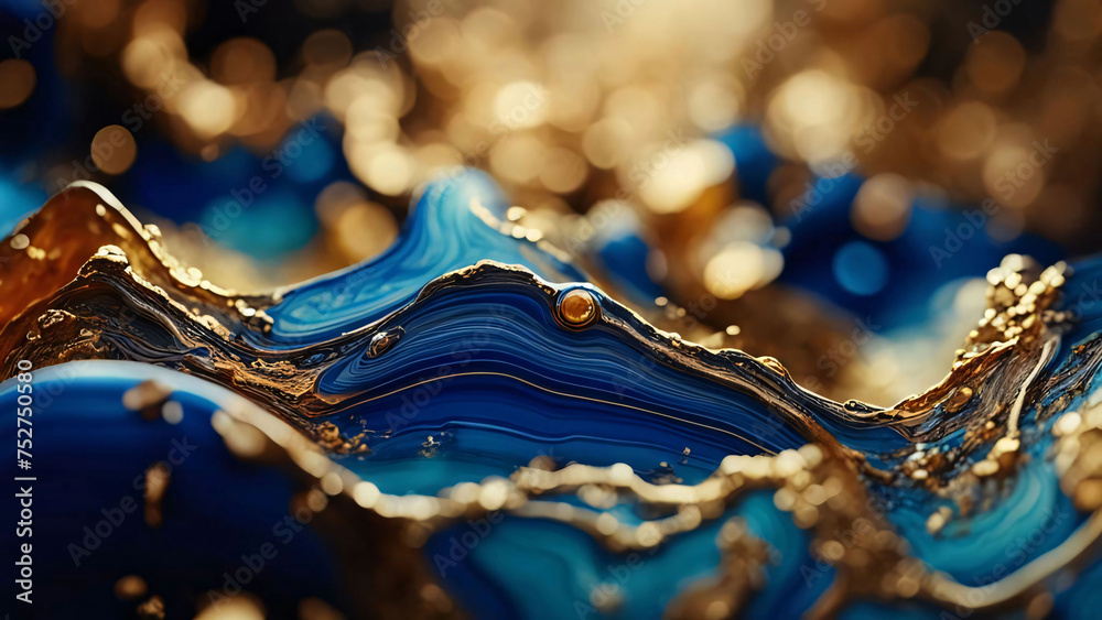 Macro shot of blue and gold agate ripple pattern. Abstract background. Generative AI. - obrazy, fototapety, plakaty 