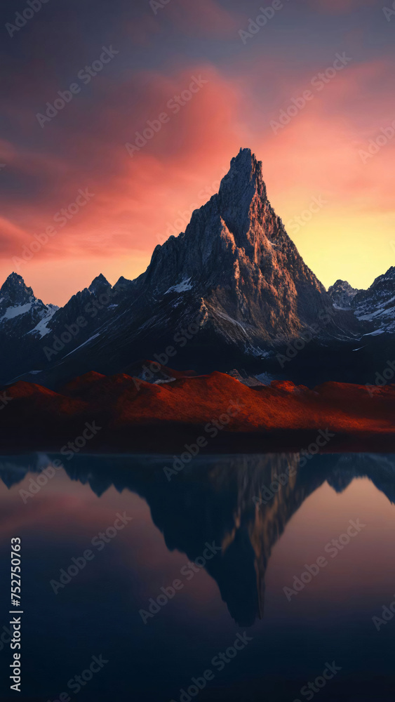 Matterhorn mountain reflected in lake at sunrise. Generative AI.