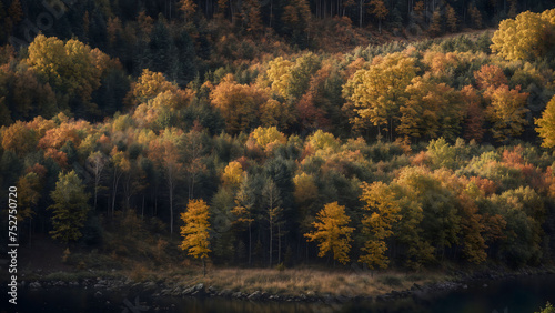 Autumn forest on the bank of the river. Beautiful autumn landscape. Generative AI.