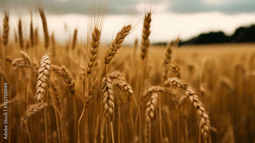 Fototapeta premium Wheatfield. Ears of golden wheat close-up. Generative AI.