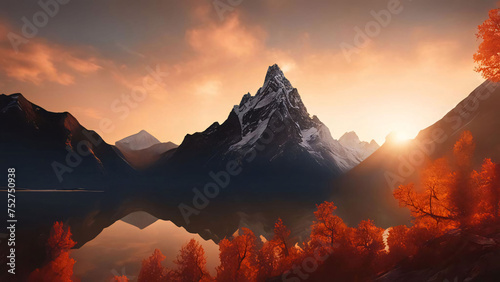 Matterhorn mountain reflected in lake at sunrise. Generative AI.