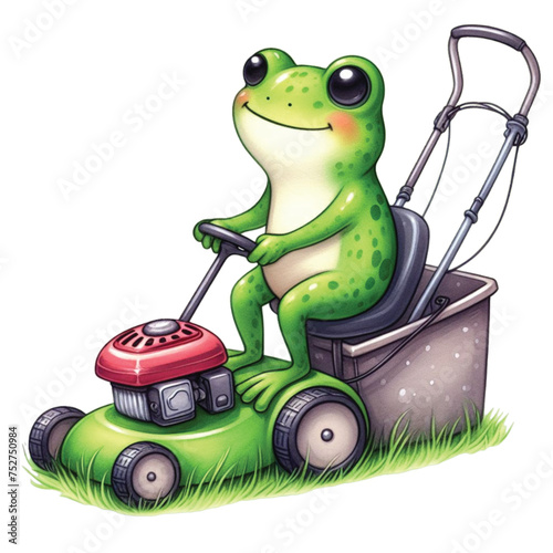 Cute frog driving a lawnmower lawn in front of the house