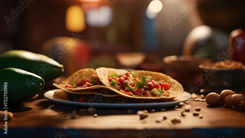 Mexican tacos with beef and vegetables on rustic wooden table. Generative AI.