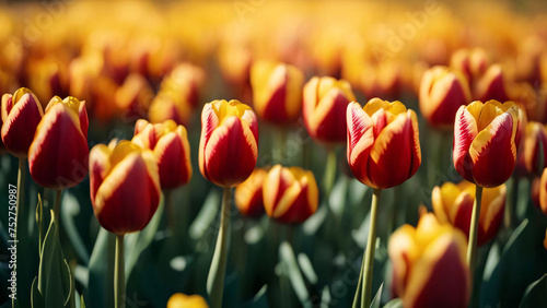 Orange tulips in the garden. Selective focus. Generative AI.