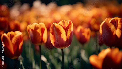 Orange tulips in the garden. Selective focus. Generative AI.