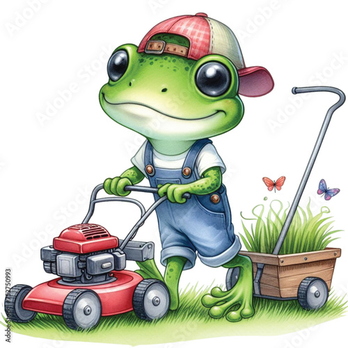 Cute frog driving a lawnmower