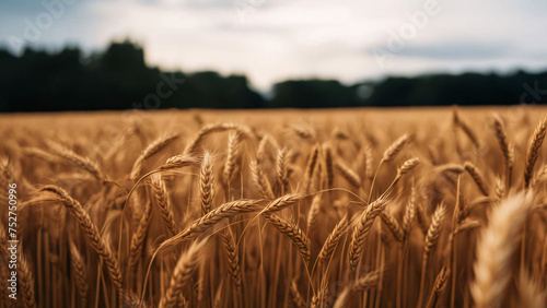 Wheatfield. Ears of golden wheat close-up. Generative AI.