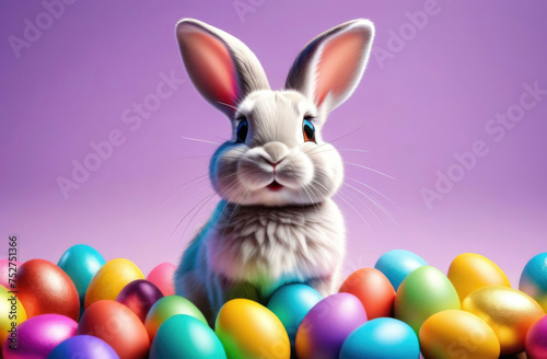 Cute easter bunny with colorful easter eggs on purple background. Happy Easter concept